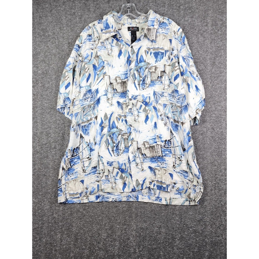 Axcess Button Front Shirt Men XXL Blue White Nautical Sailboat Rayon Short Slv